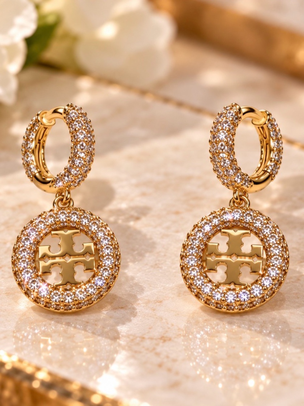 Tory Burch Gold Crystal Pavé Miller Logo Medallion Drop Earrings